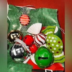 Bundle of bells and fake candy ornaments! Themed red, green m, silver and white!